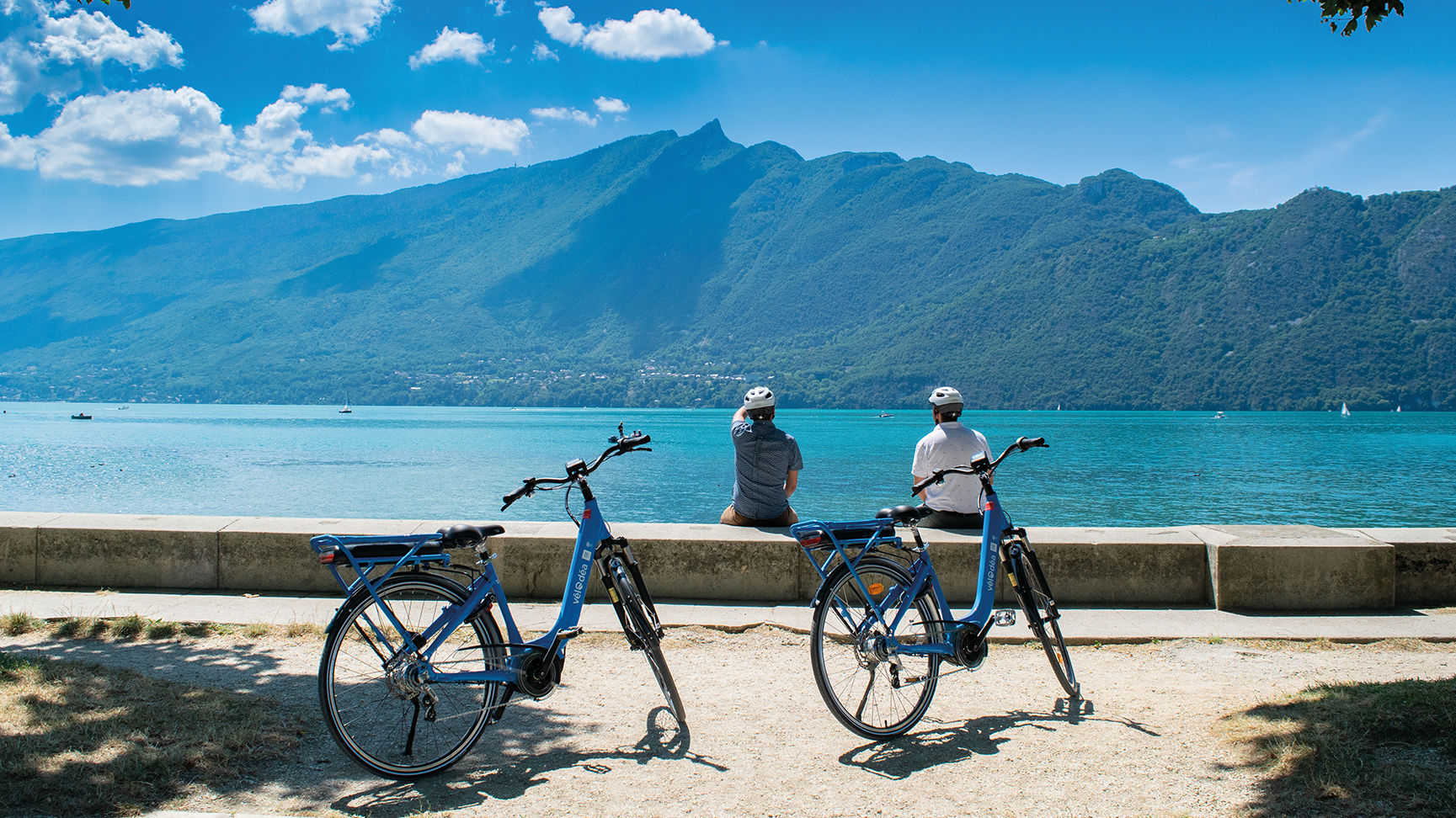 Deux hommes cyclistes assis qui regardent le lac du Bourget et la montagne